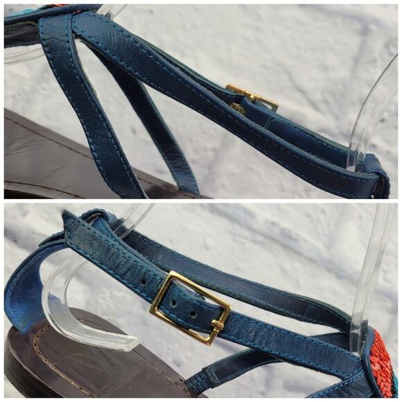 Diane von Furstenberg DVF Blue T-strap Sequin Colorblock Sandal size 6 1/2 - Picture 10 of 16